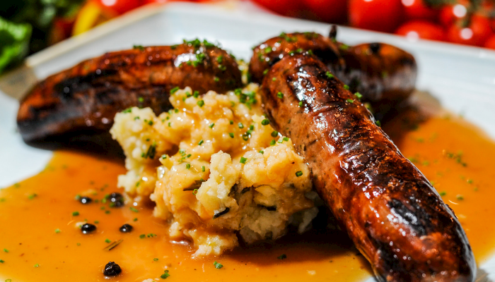 Roasted Sausage, Tomato and Peach with Parmesan Spaghetti Squash Mash